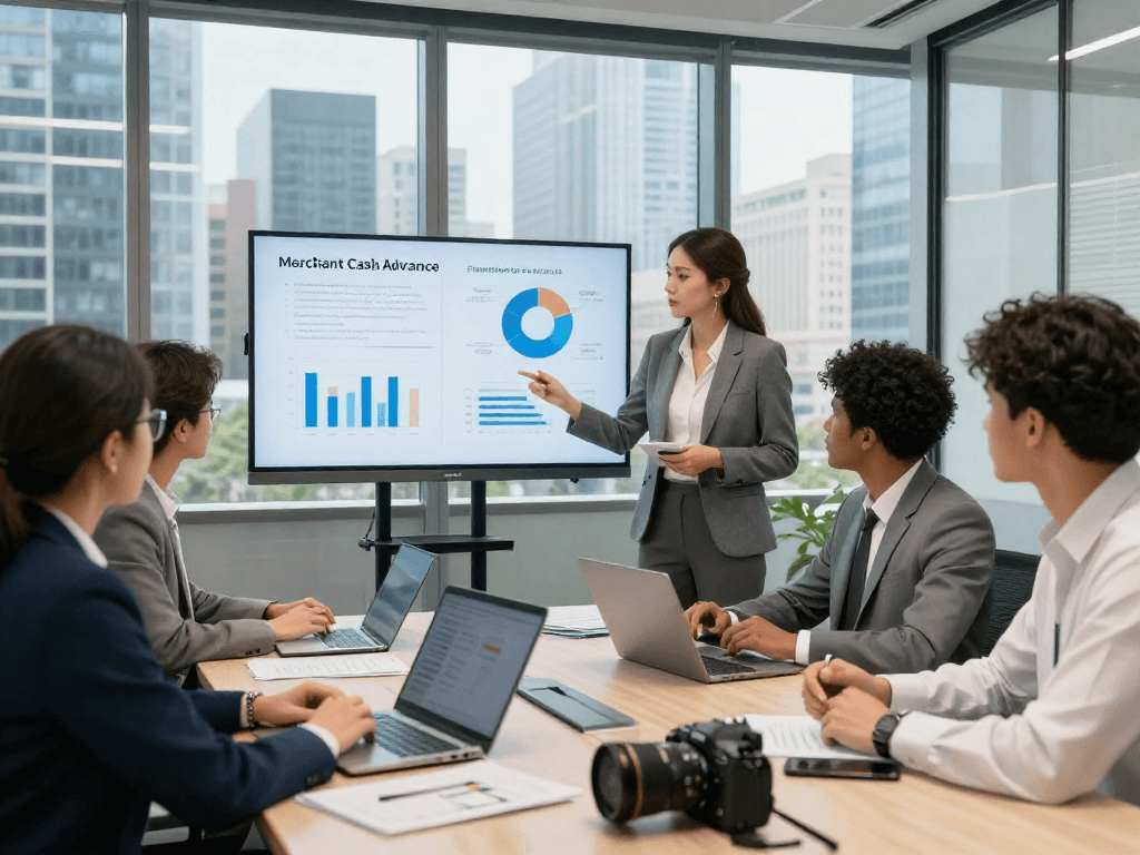 Professionals discussing the best merchant cash advance options in a modern conference room.