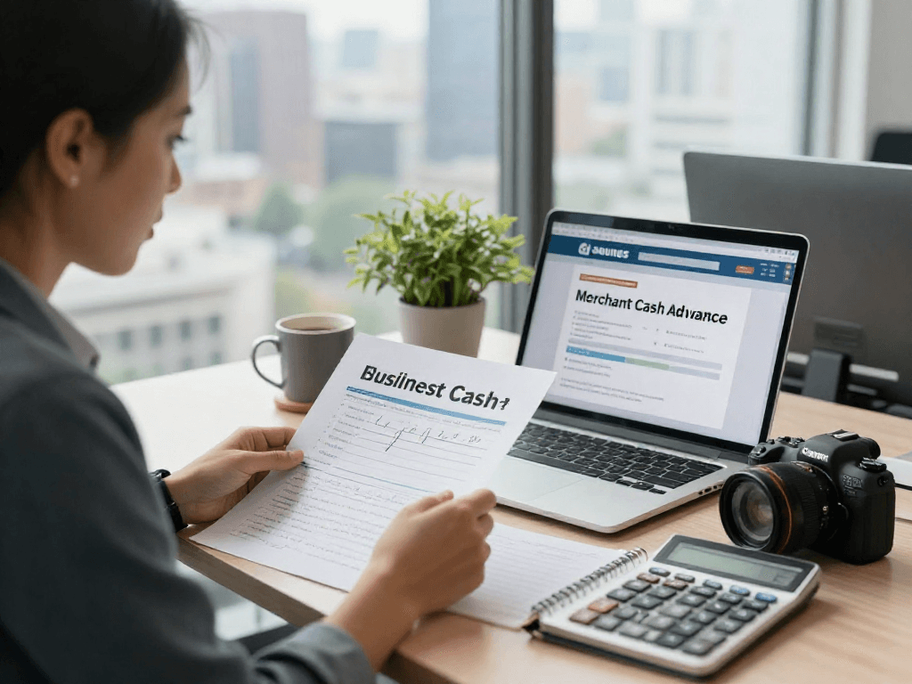 Square merchant cash advance review in a modern business office with financial documents and a laptop.